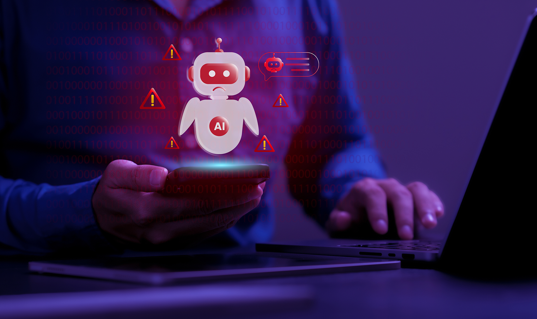 robot floating over phone in person's hand